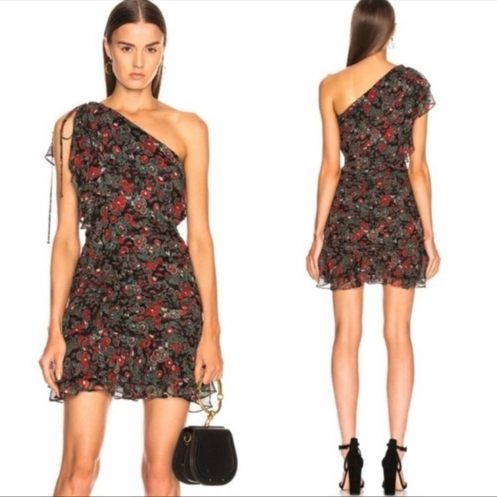 Veronica Beard Ballard Printed Ruffle One-Shoulder Mini Dress Womens 6